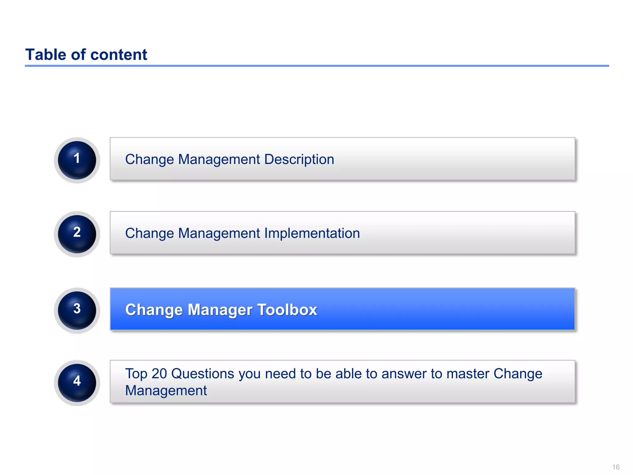 16
Table of content
Change Manager Toolbox3
Change Management Description1
Change Management Implementation2
Top 20 Questions you need to be able to answer to master Change
Management
4
 