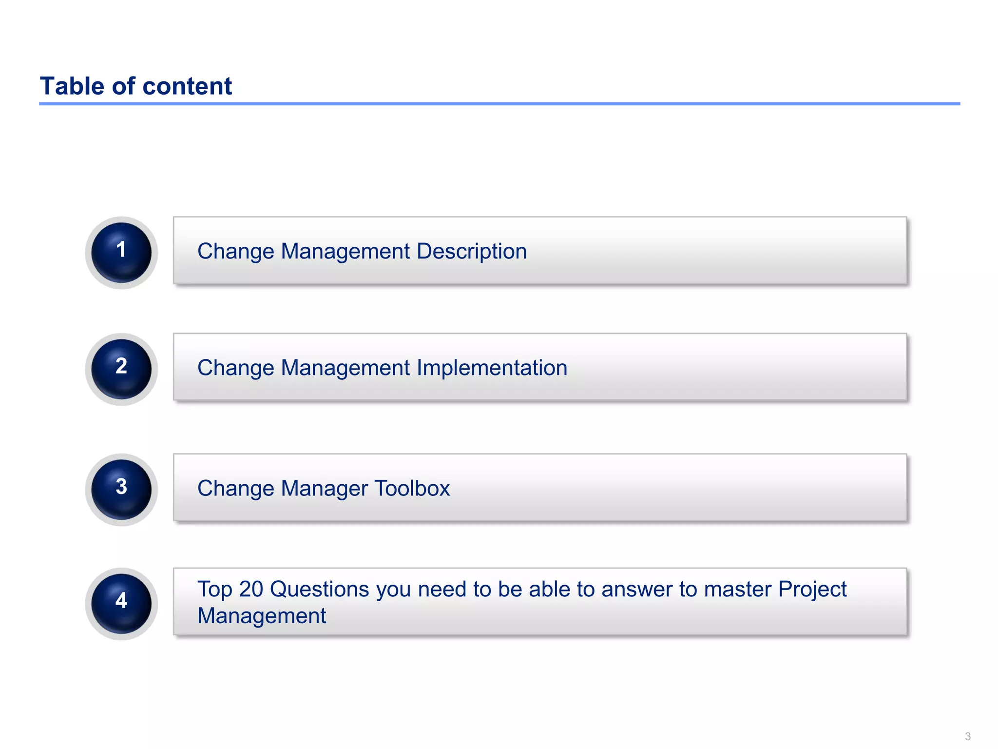 3
Table of content
Change Manager Toolbox3
Change Management Description1
Change Management Implementation2
Top 20 Questions you need to be able to answer to master Project
Management
4
 