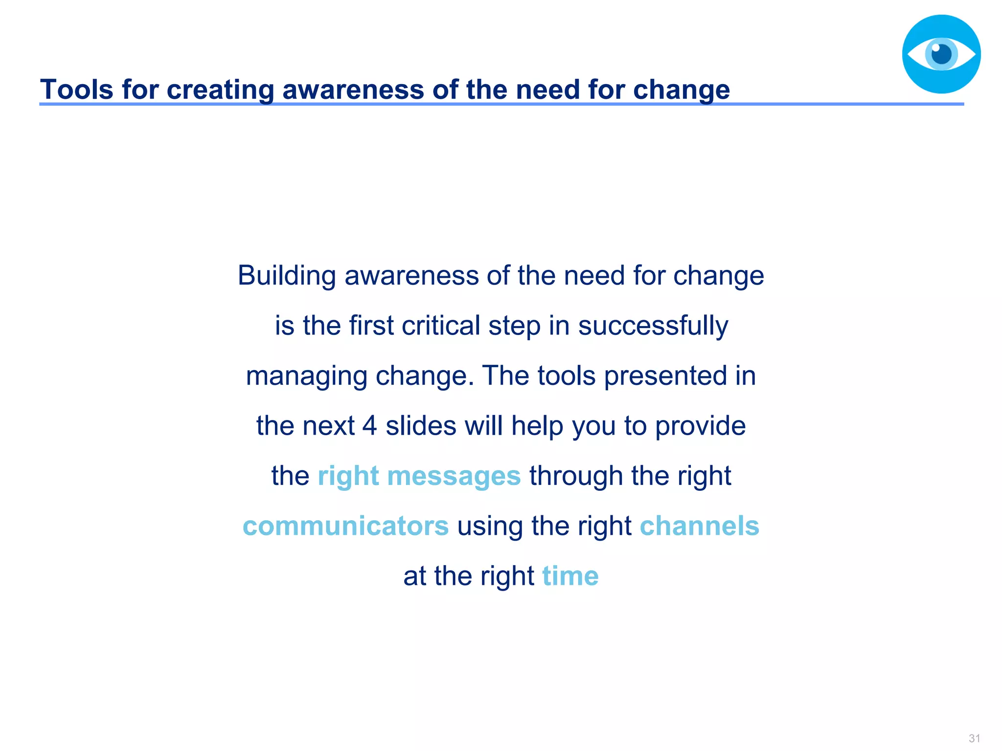 31
Tools for creating awareness of the need for change
Building awareness of the need for change
is the first critical step in successfully
managing change. The tools presented in
the next 4 slides will help you to provide
the right messages through the right
communicators using the right channels
at the right time
 