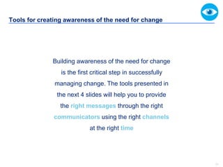 31
Tools for creating awareness of the need for change
Building awareness of the need for change
is the first critical step in successfully
managing change. The tools presented in
the next 4 slides will help you to provide
the right messages through the right
communicators using the right channels
at the right time
 