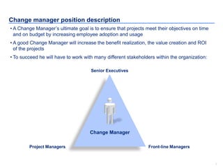 7
Change manager position description
• A Change Manager’s ultimate goal is to ensure that projects meet their objectives on time
and on budget by increasing employee adoption and usage
• A good Change Manager will increase the benefit realization, the value creation and ROI
of the projects
• To succeed he will have to work with many different stakeholders within the organization:
Change Manager
Senior Executives
Front-line ManagersProject Managers
 