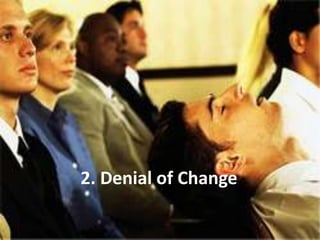 Individual ResistanceLack of trust in those leading process of changeConfusion about purpose of changeLack of consultation and involvement in process of changeLoss of personal power or freedomLoss of identity/status - where identity is tied into position or titleFear of the unknown or futureLoss of skills and the need to retrain, so loss of expertiseLifeWhere is the Individual on the ‘ Change Transition’ curve?