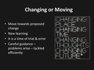 Changing or MovingMove towards proposed change New learningIt is a time of trial & error Careful guidance – problems arise – tackled efficiently