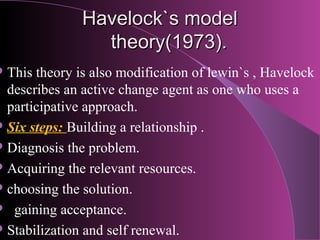 Havelock`s model
                 theory(1973).
 This theory is also modification of lewin`s , Havelock
  describes an ac...