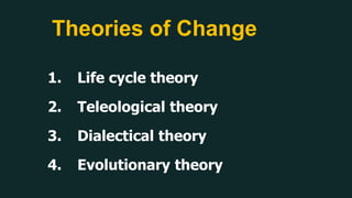 Theories of Change
1. Life cycle theory
2. Teleological theory
3. Dialectical theory
4. Evolutionary theory
 