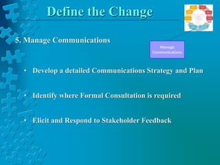 Manage
Communications
Define the Change
5. Manage Communications
• Develop a detailed Communications Strategy and Plan
• Identify where Formal Consultation is required
• Elicit and Respond to Stakeholder Feedback
 