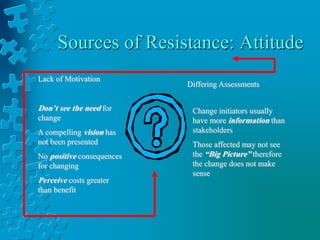 Sources of Resistance: Attitude
Lack of Motivation
Don’t see the need for
change
A compelling vision has
not been presented
No positive consequences
for changing
Perceive costs greater
than benefit
Differing Assessments
Change initiators usually
have more information than
stakeholders
Those affected may not see
the “Big Picture” therefore
the change does not make
sense
 