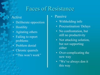 Faces of Resistance
• Active
• Deliberate opposition
• Hostility
• Agitating others
• Failing to report
problems
• Problem denial
• Chronic quarrels
• “This won’t work”
• Passive
• Withholding info
• Procrastination/ Delays
• No confrontation, but
still no productivity
• Not attacking solution,
but not supporting
either
• Over-complicating the
new way
• “We’ve always don it
this way
 