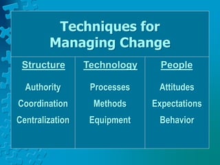 Techniques for
Managing Change
Authority
Coordination
Centralization
Attitudes
Expectations
Behavior
Processes
Methods
Equipment
PeopleTechnologyStructure
 