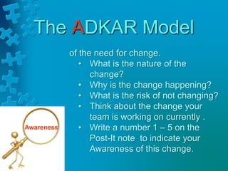 The ADKAR Model
Awareness
of the need for change.
• What is the nature of the
change?
• Why is the change happening?
• What is the risk of not changing?
• Think about the change your
team is working on currently .
• Write a number 1 – 5 on the
Post-It note to indicate your
Awareness of this change.
 