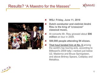 Results? ―A Maestro for the Masses‖


                       WSJ: Friday, June 11, 2010
                       Dutch conductor and violinist André
                       Rieu is the king of 'crossover'
                       classical music.
                       At concerts Mr. Rieu grossed about $96
                       million on tour in 2009.
                       500,000 people attending 94 shows.
                       That haul landed him at No. 6 among
                       the world's top touring acts, according to
                       Billboard's 2009 tally—ranked just below
                       U2, Madonna and Bruce Springsteen,
                       and above Britney Spears, Coldplay and
                       Metallica.



                                                                    12
 
