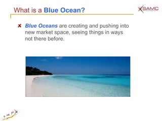 What is a Blue Ocean?

   Blue Oceans are creating and pushing into
   new market space, seeing things in ways
   not there before.
 