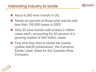 Interesting industry to tackle

   About 6,500 wine brands in US.
   Ninety-six percent of those wine brands sold
   less than 100,000 cases in 2002
   Only 23 wine brands sold at least 2 million
   cases each, accounting for 40 percent of a
   growing market of 245 million cases.
   First time they tried to tackle the market
   (yellow tails)® predecessor, the Carramar
   Estate Label, failed for the Cassella Wine
   Company



                                                  20
 