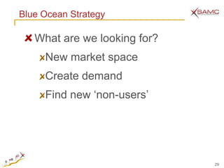 Blue Ocean Strategy

   What are we looking for?
     New market space
     Create demand
     Find new ‗non-users‘




                              29
 