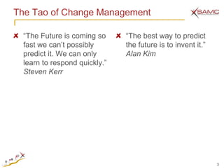 The Tao of Change Management

  ―The Future is coming so     ―The best way to predict
  fast we can‘t possibly       the future is to invent it.‖
  predict it. We can only      Alan Kim
  learn to respond quickly.‖
  Steven Kerr




                                                              3
 