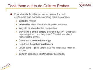 Took them out to do Culture Probes

   Found a whole different set of issues for their
   customers and nonusers among their customers
      Speed to market
      Innovative ideas about mobile power solutions
      Ways to be ahead of the competition
      Stay on top of the battery power industry—what was
      happening that could help them? Teach them about
      rechargeable power.
      Give them a competitive edge
      Help them help their customers
      Lower costs—good value, give me innovative ideas at
      a price
      Longer, stronger, lighter power solutions.




                                                            37
 