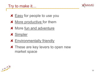 Try to make it…

   Easy for people to use you
   More productive for them
   More fun and adventure
   Simpler
   Environmentally friendly
   These are key levers to open new
   market space



                                      58
 