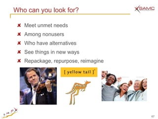 Who can you look for?

   Meet unmet needs
   Among nonusers
   Who have alternatives
   See things in new ways
   Repackage, repurpose, reimagine




                                     67
 