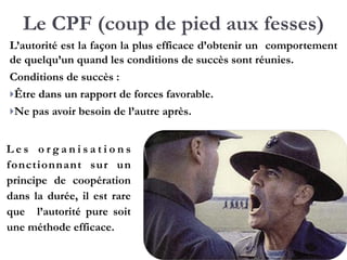 Le CPF (coup de pied aux fesses)
L’autorité est la façon la plus efficace d’obtenir un
comportement de quelqu’un quand les conditions de succès
sont réunies.!
Conditions de succès :!
}Être dans un rapport de forces favorable.!
}Ne pas avoir besoin de l’autre après.
Les organisations
fonctionnant sur un
p r i n c i p e d e
coopération dans la
durée, il est rare que
l’autorité pure soit une
méthode efficace.!
 