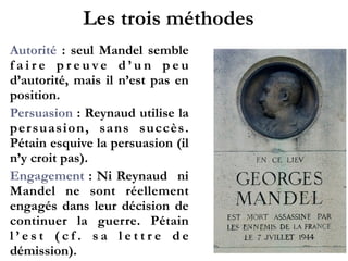 Les trois méthodes
Autorité : seul Mandel
semble faire preuve d’un peu
d’autorité, mais il n’est pas
en position.!
Persuasion : Reynaud utilise
la persuasion, sans succès.
Pétain esquive la persuasion
(il n’y croit pas).!
Engagement : Ni Reynaud ni
Mandel ne sont réellement
engagés dans leur décision
de continuer la guerre.
Pétain l’est (cf. sa lettre de
démission).
!
 