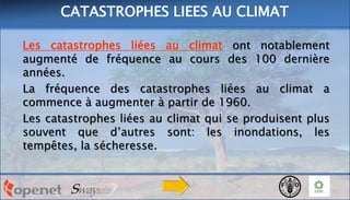 Les catastrophes liées au climat ont notablement
augmenté de fréquence au cours des 100 dernière
années.
La fréquence des catastrophes liées au climat a
commence à augmenter à partir de 1960.
Les catastrophes liées au climat qui se produisent plus
souvent que d’autres sont: les inondations, les
tempêtes, la sécheresse.
CATASTROPHES LIEES AU CLIMAT
 