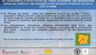 En Afrique, les forêts – selon leur définition fournie par la FAO (1999a) –
couvrent 5 millions de km2, soit un sixième de la zone terrestre du continent.
La forêt tropicale humide du Congo est la deuxième forêt la plus extensive
du monde et constitue une réserve importante de carbone pour le monde
entier.
 Les changements climatiques attendus entraîneront sans doute des
modifications au niveau du nombre d’espèces mais aussi de la productivité
des arbres – exerçant une pression supplémentaire sur les écosystèmes
forestiers.
Voir le site web: www.grida.no/publications/vg/africa-fr/page/3142.aspx
LES CHANGEMENTS D’AFFECTATION DES TERRES ENTRAÎNENT UNE DÉGRADATION
RAPIDE DES FORÊTS ET UNE FRAGMENTATION EXCESSIVE: ÉTUDE DU CAS DE LA
CÔTE D’IVOIRE
 