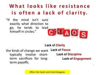 What looks like re sistance
is ofte n a lack of clarity.
“If the mind isn’t sure
exactly what direction to
go, he tends to lead
himself in circles.”
the kinds of change we want
typically involve short-
term sacrifices for long-
term payoffs.
Often the heart and mind disagree.
 
