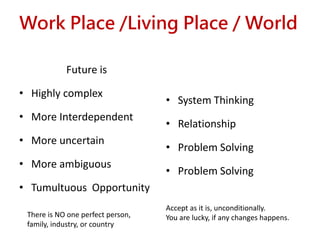 Work Place /Living Place / World
Future is
• Highly complex
• More Interdependent
• More uncertain
• More ambiguous
• Tumultuous Opportunity
• System Thinking
• Relationship
• Problem Solving
• Problem Solving
There is NO one perfect person,
family, industry, or country
Accept as it is, unconditionally.
You are lucky, if any changes happens.
 