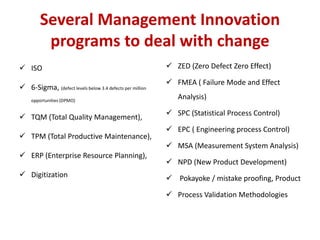 Several Management Innovation
programs to deal with change
 ISO
 6-Sigma, (defect levels below 3.4 defects per million
opportunities (DPMO)
 TQM (Total Quality Management),
 TPM (Total Productive Maintenance),
 ERP (Enterprise Resource Planning),
 Digitization
 ZED (Zero Defect Zero Effect)
 FMEA ( Failure Mode and Effect
Analysis)
 SPC (Statistical Process Control)
 EPC ( Engineering process Control)
 MSA (Measurement System Analysis)
 NPD (New Product Development)
 Pokayoke / mistake proofing, Product
 Process Validation Methodologies
 