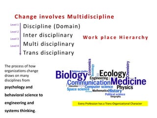 Wo r k p l a c e H i e r a r c h y
Discipline (Domain)
Inter disciplinary
Multi disciplinary
Trans disciplinary
Every Profession has a Trans-Organizational Character
Level 1
Level 2
Level 3
Level 4
Change involves Multidiscipline
The process of how
organizations change
draws on many
disciplines from
psychology and
behavioral science to
engineering and
systems thinking.
 