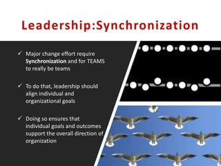 Leadership:Synchronization
 Major change effort require
Synchronization and for TEAMS
to really be teams
 To do that, leadership should
align individual and
organizational goals
 Doing so ensures that
individual goals and outcomes
support the overall direction of
organization
 