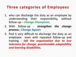 Three categories of Employees
1. who can discharge the duty as an employee by
understanding their responsibility, without
follow-up – Change Champions.
2. With follow-up - strengthen the change
process.: Change Agents
3. find it very difficult to discharge the duty as an
employee even with repeated follow-up and
training - left the organization due to low
tolerance for change, questionable adaptability
and learning disabilities.
 