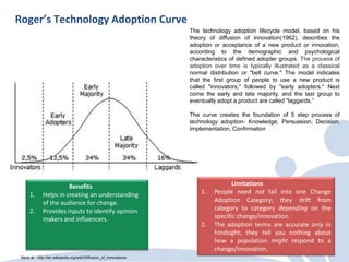 Roger’s Technology Adoption Curve
                                                                   The technology adoption lifecycle model, based on his
                                                                   theory of diffusion of innovation(1962), describes the
                                                                   adoption or acceptance of a new product or innovation,
                                                                   according to the demographic and psychological
                                                                   characteristics of defined adopter groups. The process of
                                                                   adoption over time is typically illustrated as a classical
                                                                   normal distribution or "bell curve." The model indicates
                                                                   that the first group of people to use a new product is
                                                                   called "innovators," followed by "early adopters." Next
                                                                   come the early and late majority, and the last group to
                                                                   eventually adopt a product are called "laggards.”

                                                                   The curve creates the foundation of 5 step process of
                                                                   technology adoption- Knowledge, Persuasion, Decision,
                                                                   Implementation, Confirmation




                        Benefits                                                   Limitations
      1.      Helps in creating an understanding                       1.   People need not fall into one Change
              of the audience for change.                                   Adoption Category; they drift from
      2.      Provides inputs to identify opinion                           category to category depending on the
              makers and influencers.                                       specific change/innovation.
                                                                       2.   The adoption terms are accurate only in
                                                                            hindsight; they tell you nothing about
                                                                            how a population might respond to a
                                                                            change/innovation.
 More at : http://en.wikipedia.org/wiki/Diffusion_of_innovations
 