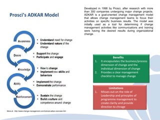 Developed in 1998 by Prosci, after research with more
                                                                         than 300 companies undergoing major change projects.
   Prosci’s ADKAR Model                                                  ADKAR is a goal-oriented change management model
                                                                         that allows change management teams to focus their
                                                                         activities on specific business results. The model was
                                                                         initially used as a tool for determining if change
                                                                         management activities like communications and training
                                                                         were having the desired results during organizational
                                                                         change.




                                                                                                Benefits
                                                                                 1.   It encapsulates the business/process
                                                                                      dimension of change and the
                                                                                      individual dimension of change
                                                                                 2.   Provides a clear management
                                                                                      checklist to manage change


                                                                                             Limitations
                                                                                 1.   Misses out on the role of
                                                                                      Leadership and principles of
                                                                                      programme management to
                                                                                      create clarity and provide
                                                                                      direction to chnage
More at : http://www.change-management.com/tutorial-adkar-overview.htm
 