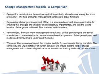 Change Management Models- a Comparison

•   George Box, a statistician, famously wrote that "essentially, all models are w...
