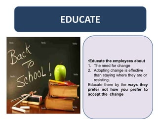 EDUCATE


    •Educate the employees about
    1. The need for change
    2. Adopting change is effective
       than staying where they are or
       resisting.
    Educate them by the ways they
    prefer not how you prefer to
    accept the change
 
