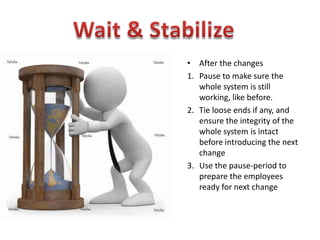 • After the changes
1. Pause to make sure the
   whole system is still
   working, like before.
2. Tie loose ends if any, and
   ensure the integrity of the
   whole system is intact
   before introducing the next
   change
3. Use the pause-period to
   prepare the employees
   ready for next change
 