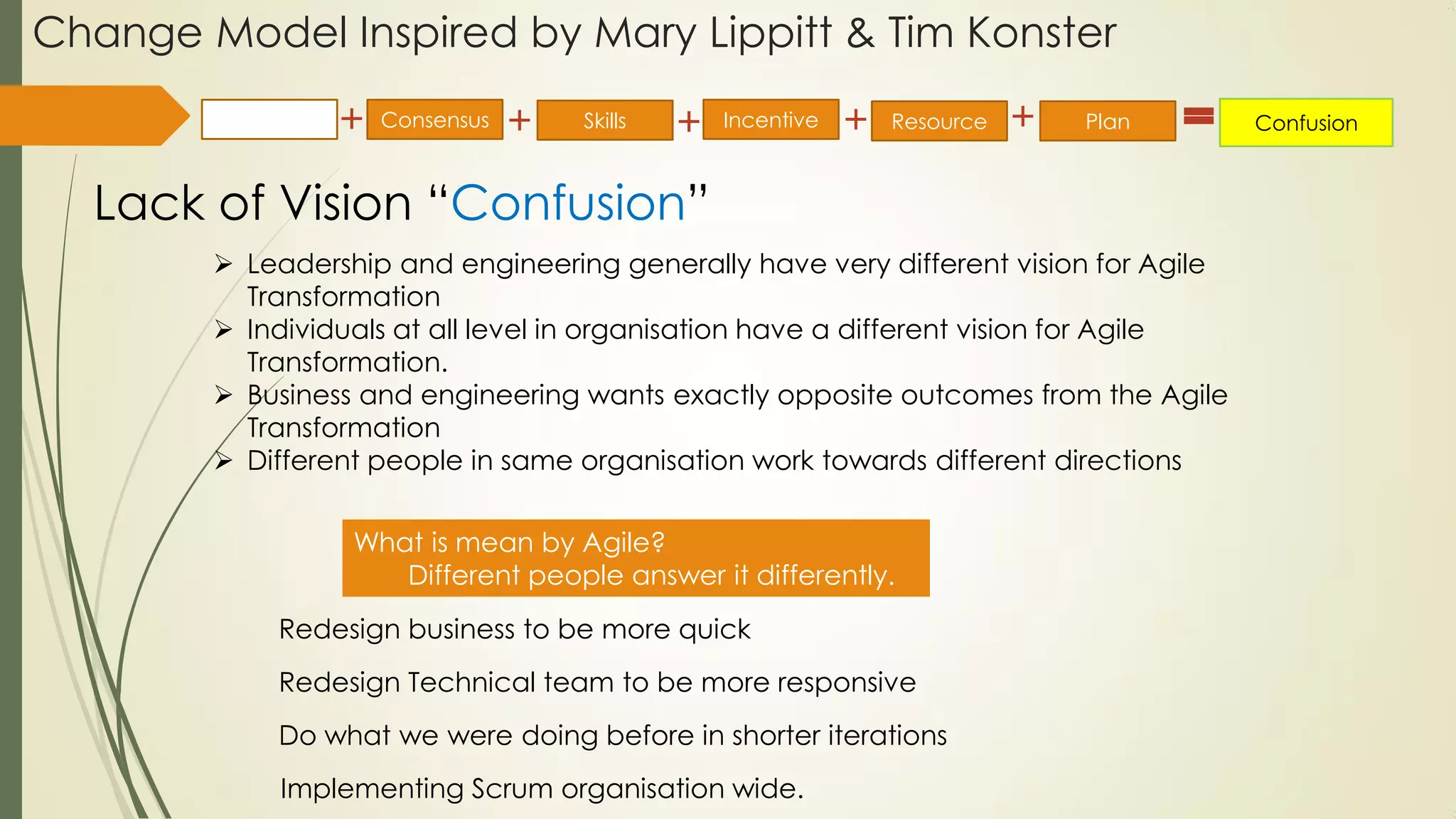 Change Model Inspired by Mary Lippitt & Tim Konster
Lack of Vision “Confusion”
Vision Consensus Incentive Resource Plan ConfusionSkills
 Leadership and engineering generally have very different vision for Agile
Transformation
 Individuals at all level in organisation have a different vision for Agile
Transformation.
 Business and engineering wants exactly opposite outcomes from the Agile
Transformation
 Different people in same organisation work towards different directions
What is mean by Agile?
Different people answer it differently.
Redesign business to be more quick
Redesign Technical team to be more responsive
Do what we were doing before in shorter iterations
Implementing Scrum organisation wide.
 