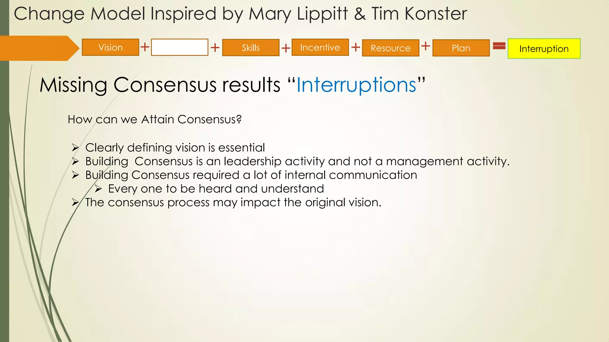 Change Model Inspired by Mary Lippitt & Tim Konster
Missing Consensus results “Interruptions”
Vision Consensus Incentive Resource Plan InterruptionSkills
How can we Attain Consensus?
 Clearly defining vision is essential
 Building Consensus is an leadership activity and not a management activity.
 Building Consensus required a lot of internal communication
 Every one to be heard and understand
 The consensus process may impact the original vision.
 