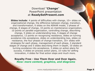 Download “Change”
PowerPoint presentation
at ReadySetPresent.com
Slides include: 4 points of difficulties with change, 10+ slides on
organizational change, the difference between change, transition,
and transformation, 6 slides on the ADKAR model, 3 phases of
change, 8 stages of change, 10 points on maintenance organization,
10 points on parallel organization, controlling change, describing
change, 5 slides on understanding loss, 5 stages of change
acceptance, 13 points on recognizing resistance, slides on turning
avoidance into acceptance, slides on understanding loss, slides on
resistance, the four phases of change transition, 10+ slides with
strategies for each phase, management of each phase, 3 standard
stages of change and 5 slides describing them in-depth, 10 slides on
turning avoidance into acceptance, 3 slides on action plans for
success, 4 slides on process action plans, 10 rules for stifling
innovation, 4 slides for final action steps and much more.
Royalty Free - Use Them Over and Over Again.
Now: more content, graphics, and diagrams
www.readysetpresent.com Page 9
 
