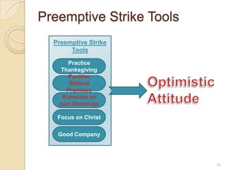 Preemptive Strike ToolsPreemptive Strike ToolsPractice ThanksgivingOptimisticAttitudePositive Biblical PromisesRuminate on past BlessingsFocus on ChristGood Company15