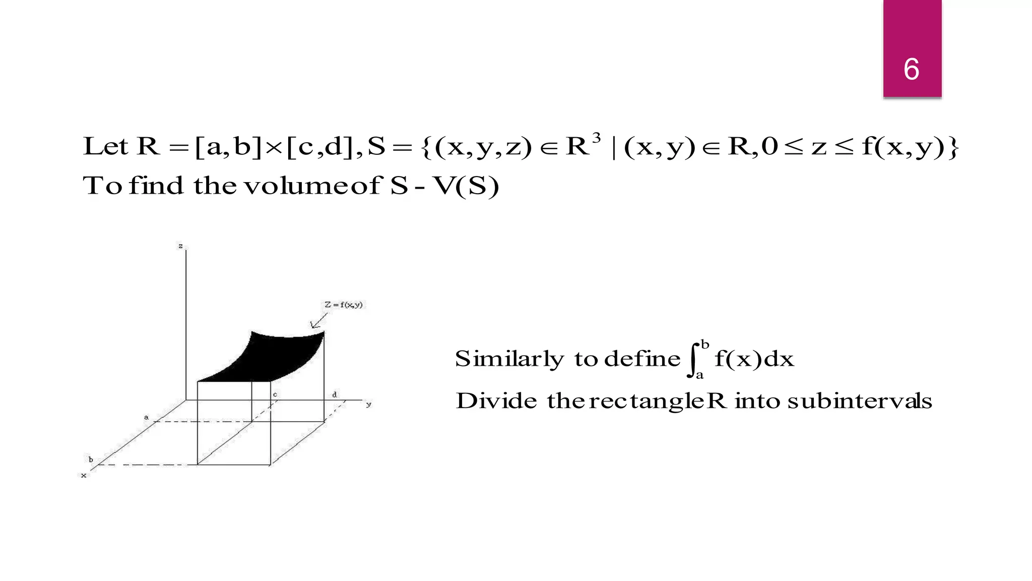 V(S)-SofvolumethefindTo
y)}f(x,zR,0y)(x,|Rz)y,{(x,Sd],[c,b][a,RLet 3

lssubintervaintoRrectangletheDivide
f(x)dxdefinetoSimilarly
b
a
6
 