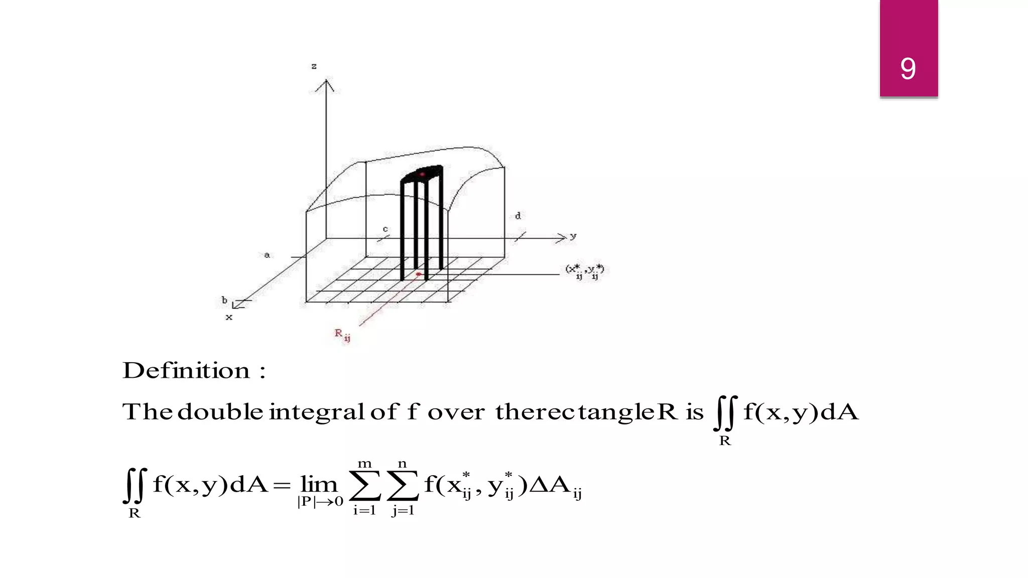 

 


m
1i
n
1j
ij
*
ij
*
ij
0P||
R
R
A)y,f(xlimy)dAf(x,
y)dAf(x,isRrectangleover thefofintegraldoubleThe
:Definition
9
 