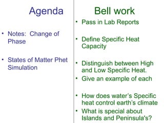Agenda

Bell work
• Pass in Lab Reports

• Notes: Change of
Phase
• States of Matter Phet
Simulation

• Define Specific Heat
Capacity
• Distinguish between High
and Low Specific Heat.
• Give an example of each
• How does water’s Specific
heat control earth’s climate
• What is special about
Islands and Peninsula's?

 