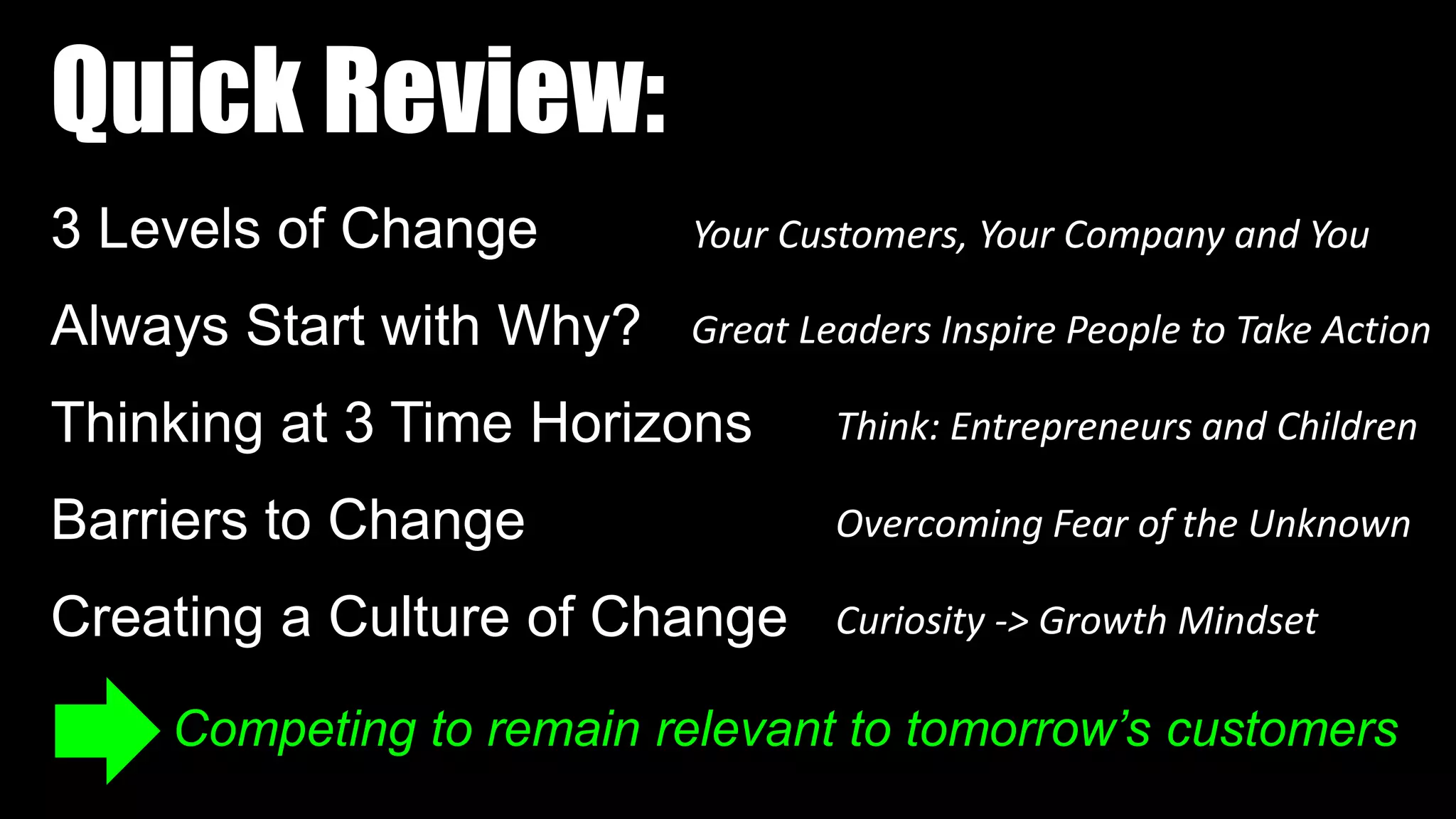 3 Levels of Change
Always Start with Why?
Thinking at 3 Time Horizons
Barriers to Change
Creating a Culture of Change
Quick Review:
Great Leaders Inspire People to Take Action
Think: Entrepreneurs and Children
Overcoming Fear of the Unknown
Your Customers, Your Company and You
Competing to remain relevant to tomorrow’s customers
Curiosity -> Growth Mindset
 