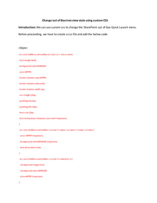 Change out of Box tree view style using custom CSS
Introduction: We can use custom css to change the SharePoint out of box Quick Launch menu.
Before proceeding, we have to create a css file and add the below code.
<Style>
.ms-core-listMenu-verticalBox UL.root > LI > .menu-item{
font-weight:bold;
background-color:#5482AB;
color:#ffffff;
border-bottom-color:#ffffff;
border-bottom-style:solid;
border-bottom-width:1px;
min-height:25px;
padding-top:5px;
padding-left:10px;
font-size:12px;
font-family:Arial, Helvetica, Sans-Serif !important;
}
.ms-core-listMenu-verticalBox > ul.root > li.static > ul.static > li.static > a:hover {
color:#ffffff !important;
background-color:#D95E00 !important;
text-decoration:none;
}
.ms-core-listMenu-verticalBox > ul.root > li.selected> a {
background-image:none;
background-color:#D95E00;
color:#ffffff !important;
}
 