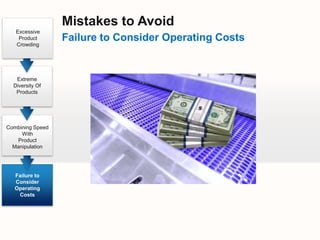 Mistakes to Avoid
   Excessive
    Product       Failure to Consider Operating Costs
   Crowding




   Extreme
  Diversity Of
   Products




Combining Speed
     With
    Product
  Manipulation




   Failure to
   Consider
   Operating
    Costs
 