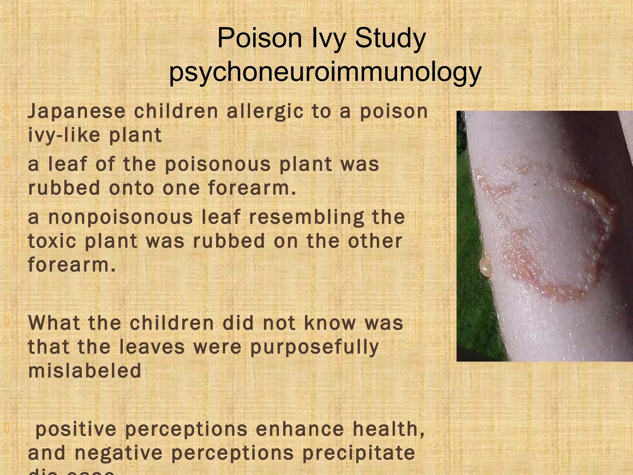  Japanese children allergic to a poison
ivy-like plant
 a leaf of the poisonous plant was
rubbed onto one forearm.
 a nonpoisonous leaf resembling the
toxic plant was rubbed on the other
forearm.
 What the children did not know was
that the leaves were purposefully
mislabeled
 positive perceptions enhance health,
and negative perceptions precipitate
Poison Ivy Study
psychoneuroimmunology
 