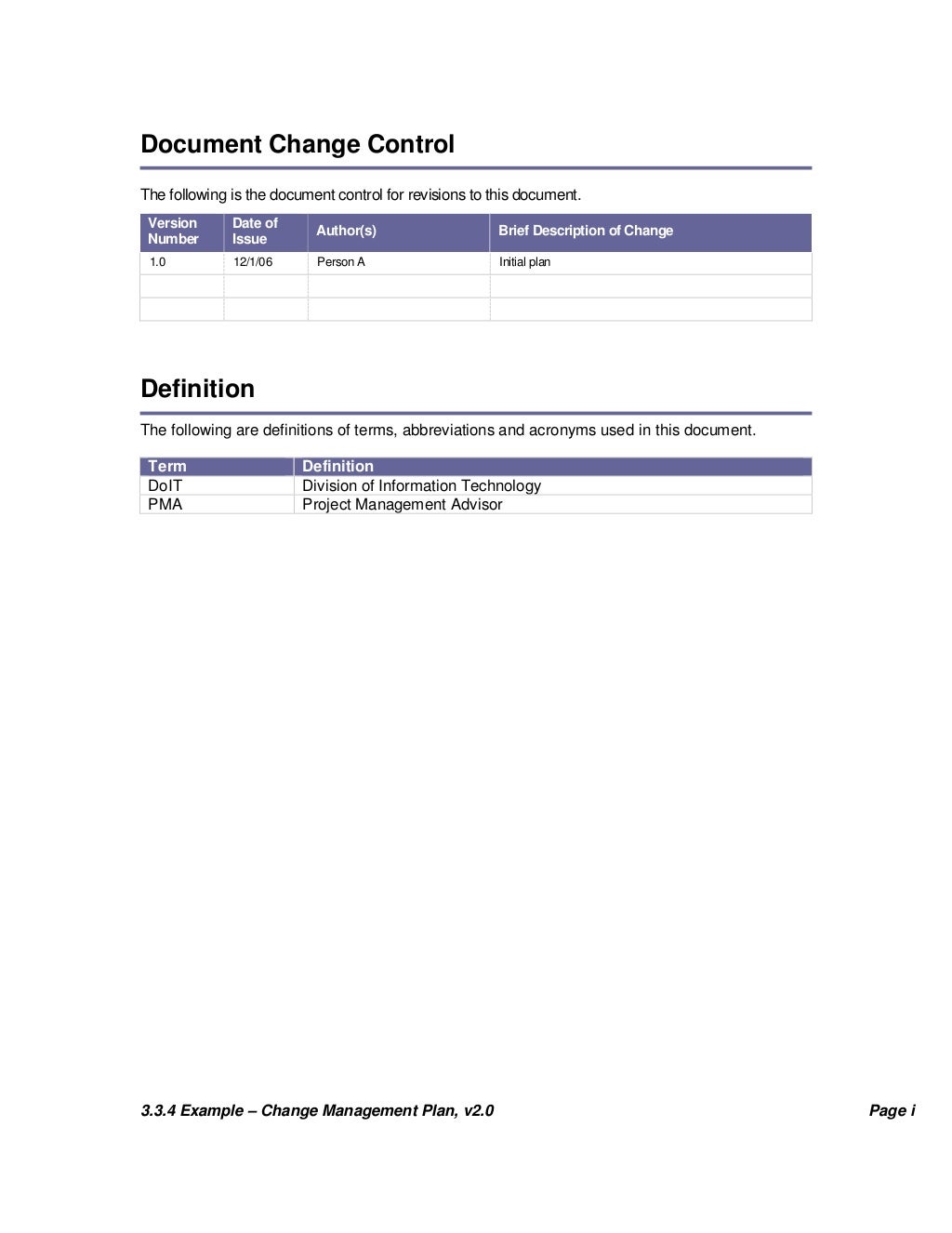 Change Plan Template and Example