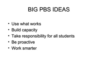 Use what works Build capacity Take responsibility for all students Be proactive Work smarter BIG PBS IDEAS 
